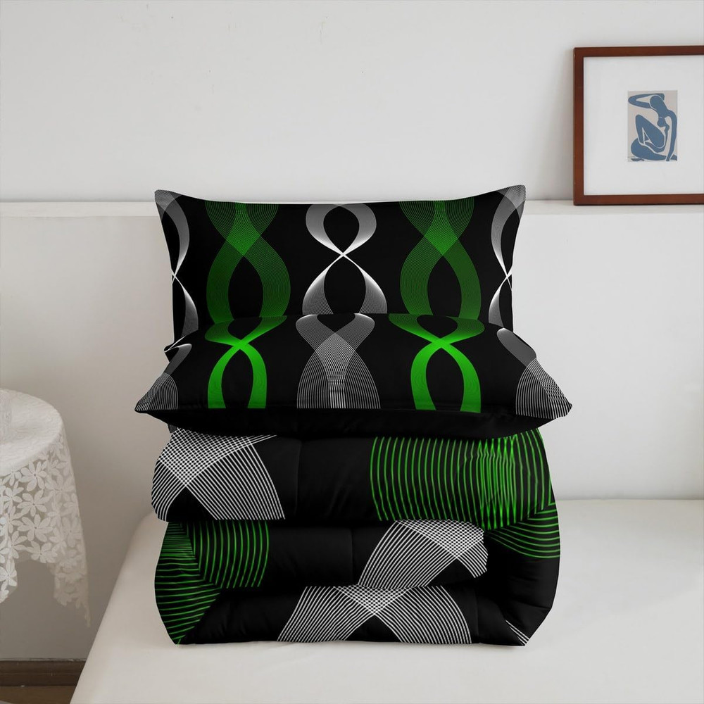 Green & Black Abstract King Comforter Set - Modern Boho Bedding