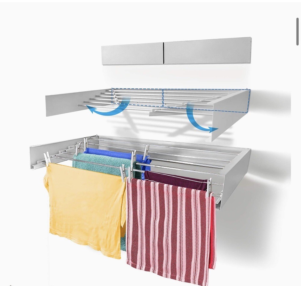 Step Up Laundry Drying Rack Wall Mounted Retractable Clothes White 40" White NEW