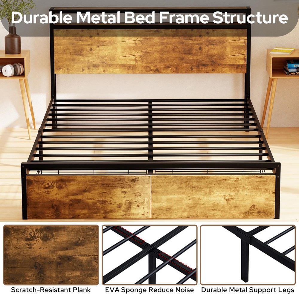 Full Bed Frame with Storage Drawers, Bed Frame Full Size with Headboard, LED ...