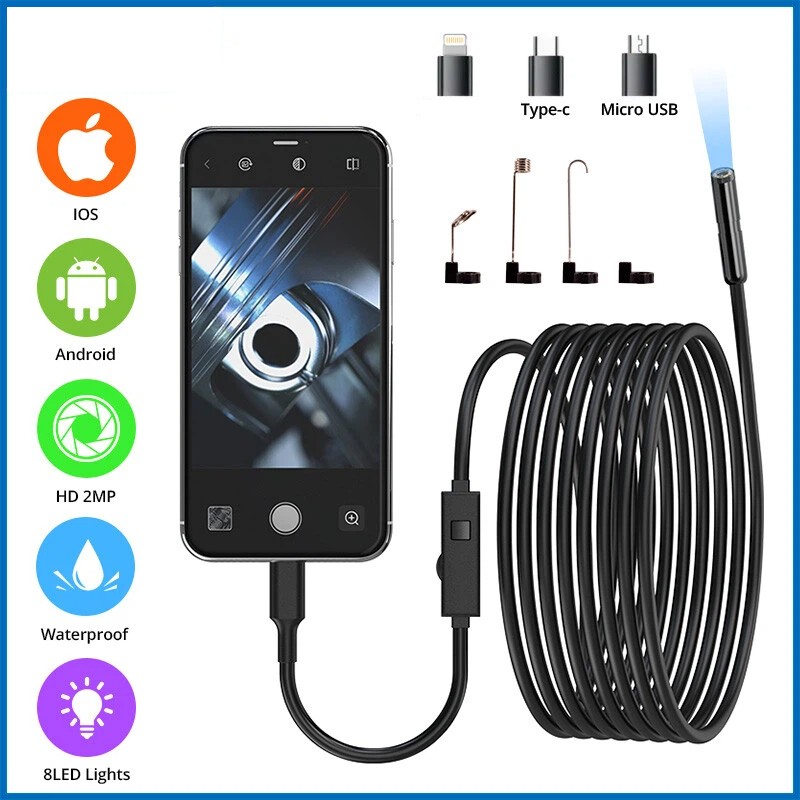 HD Endoscope Borescope 8mm Inspection Snake Camera for iPhone Android iOS 1920P