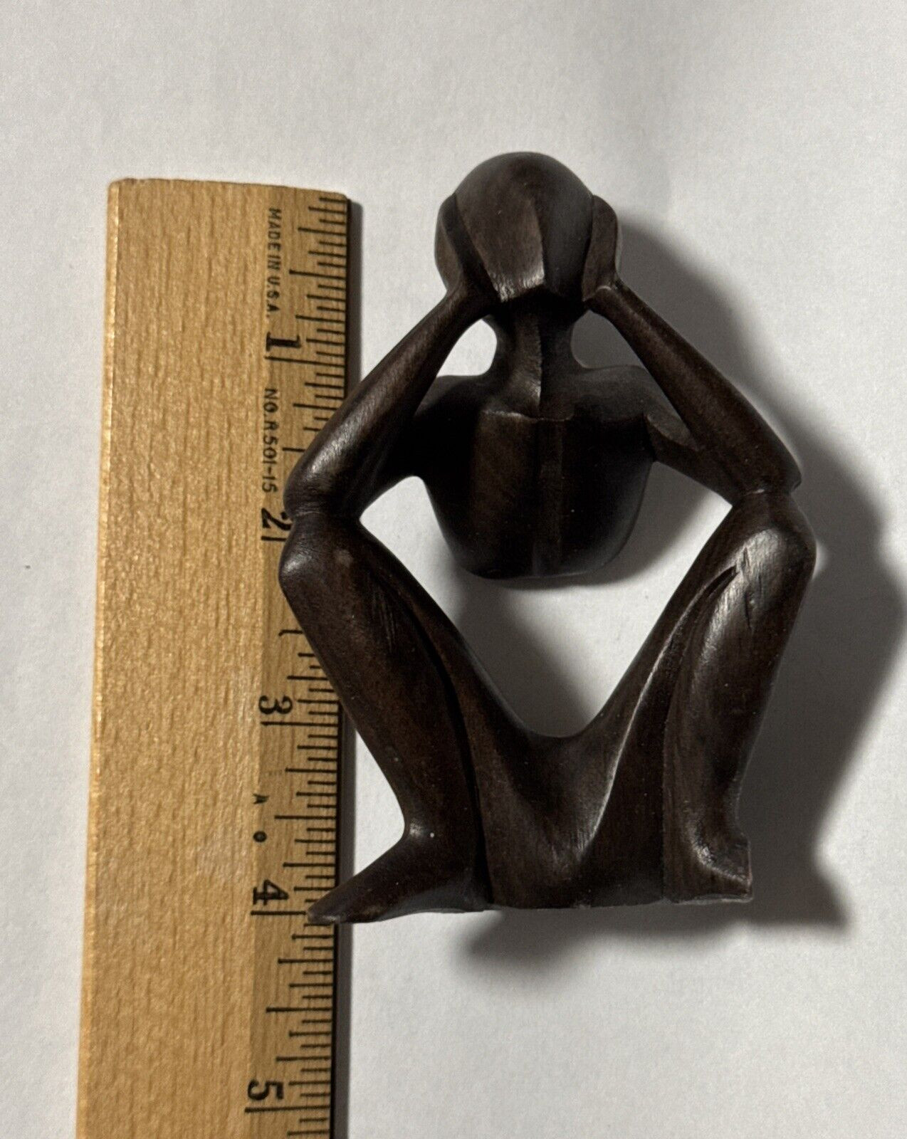 African Hand Carved wood brown Thinker Sclupture Abstract Figure Kenya 4” tall