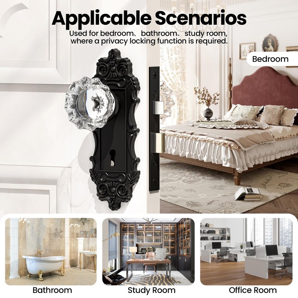 Antique Door Knobs Interior Mortise Lock Matte Black Door Knobs Crystal Glass...