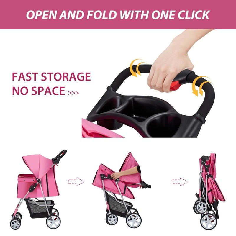 Pet Stroller Dogs Cats Foldable Durable 360° Wheels Comfortable Breathable Mesh