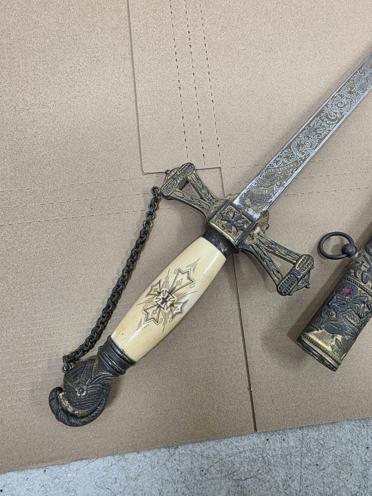 Vintage Late 1800s J.H. Wilson Knights Templar Ceremonial Sword Scrimshaw Handl