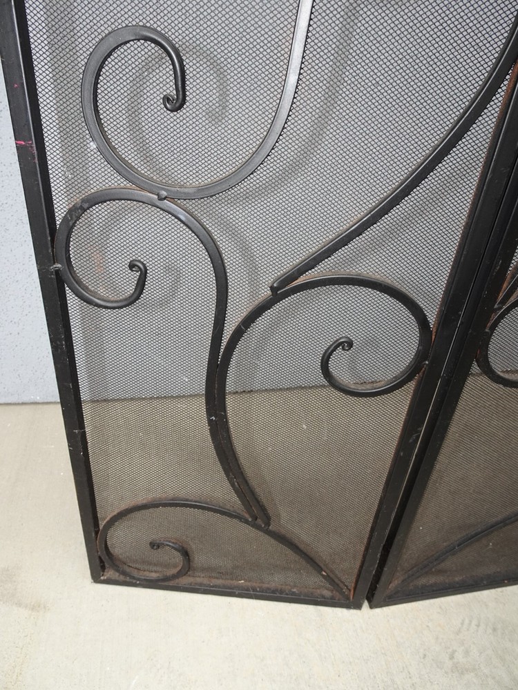 Vintage Tri-Fold Three Panel Black Metal Fireplace Screen