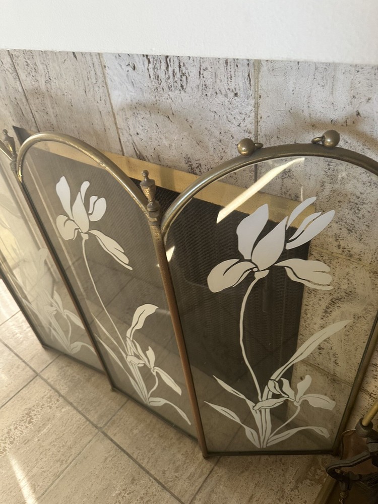 Vintage Glass Fireplace Screen And Tools
