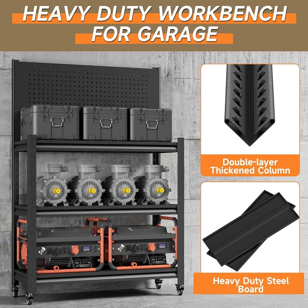 Workbench with Pegboard,Adjustable Heavy Duty Work Table with Wheels,18"x34"x32"