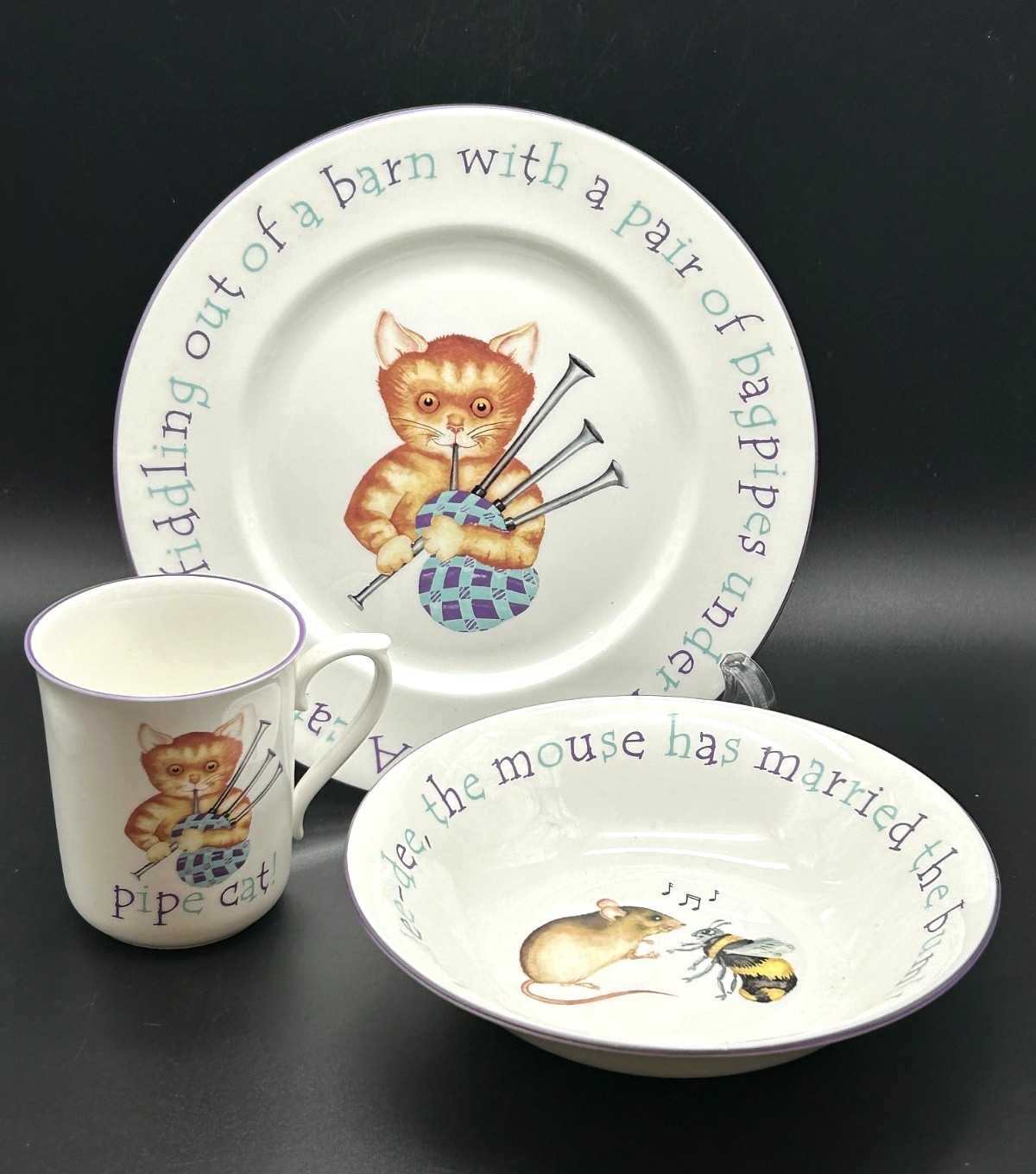 Hamilton & Inches Edinburgh 3-Pc Bone China Children's Dining Set ~ Bagpiper Cat