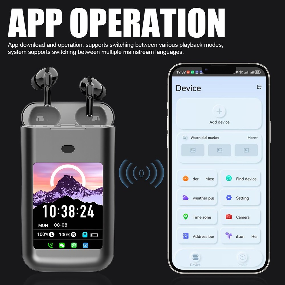 Bluetooth 5.4 TWS Earbuds 1.83" Touchscreen 5000mAh Powerbank Case Flashlight