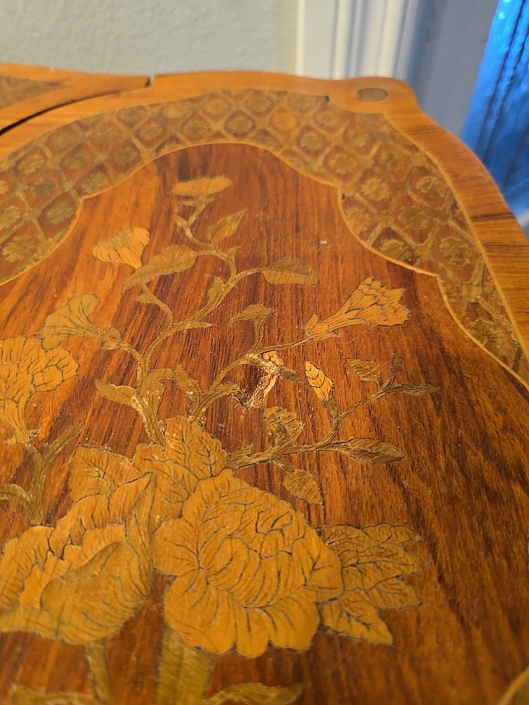 "Antique vanity table from the late 1800s with intricate inlay & a hidden mirror