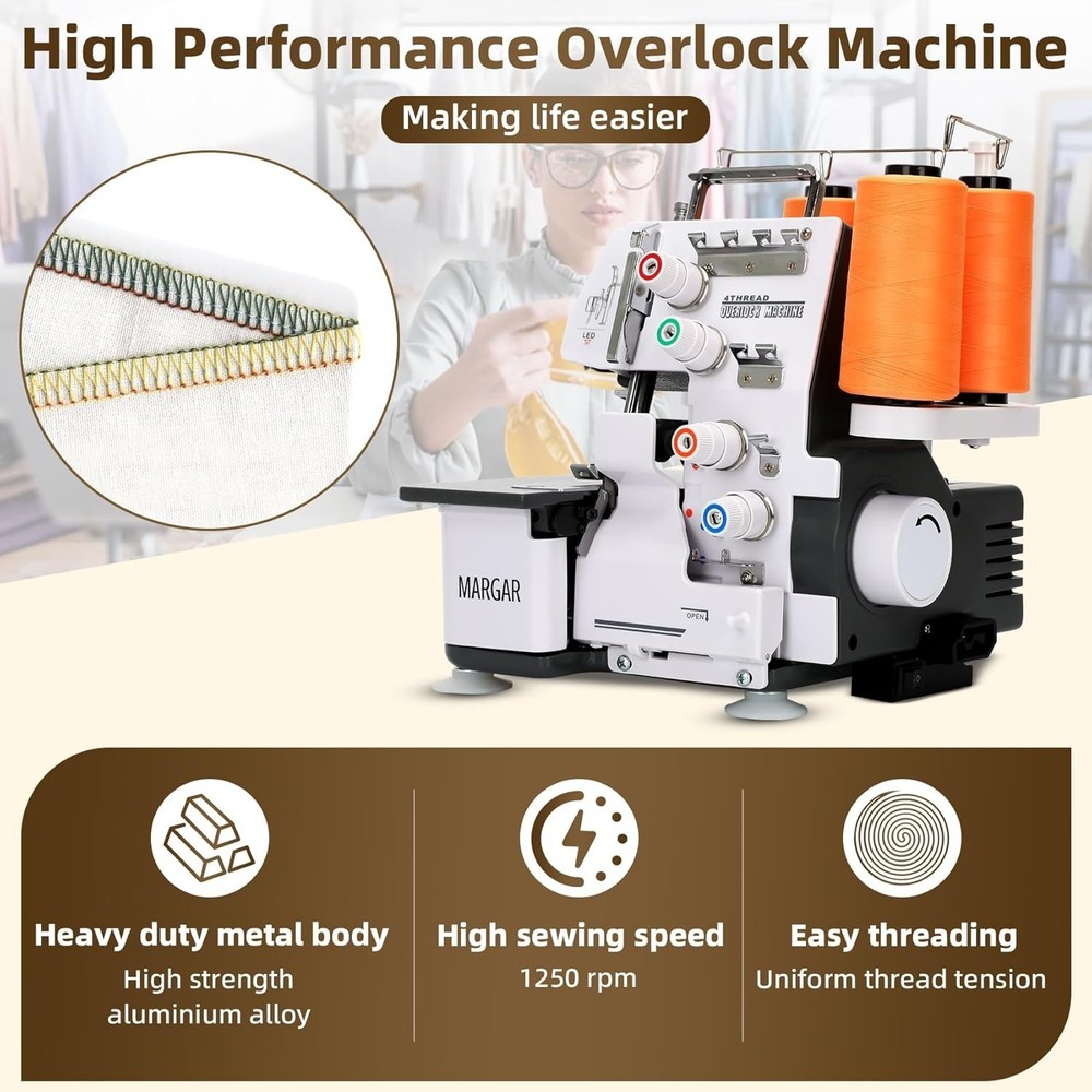 Serger Overlock Sewing Machine with 3/4 Thread Capability Foot Switch 1250 S/Min