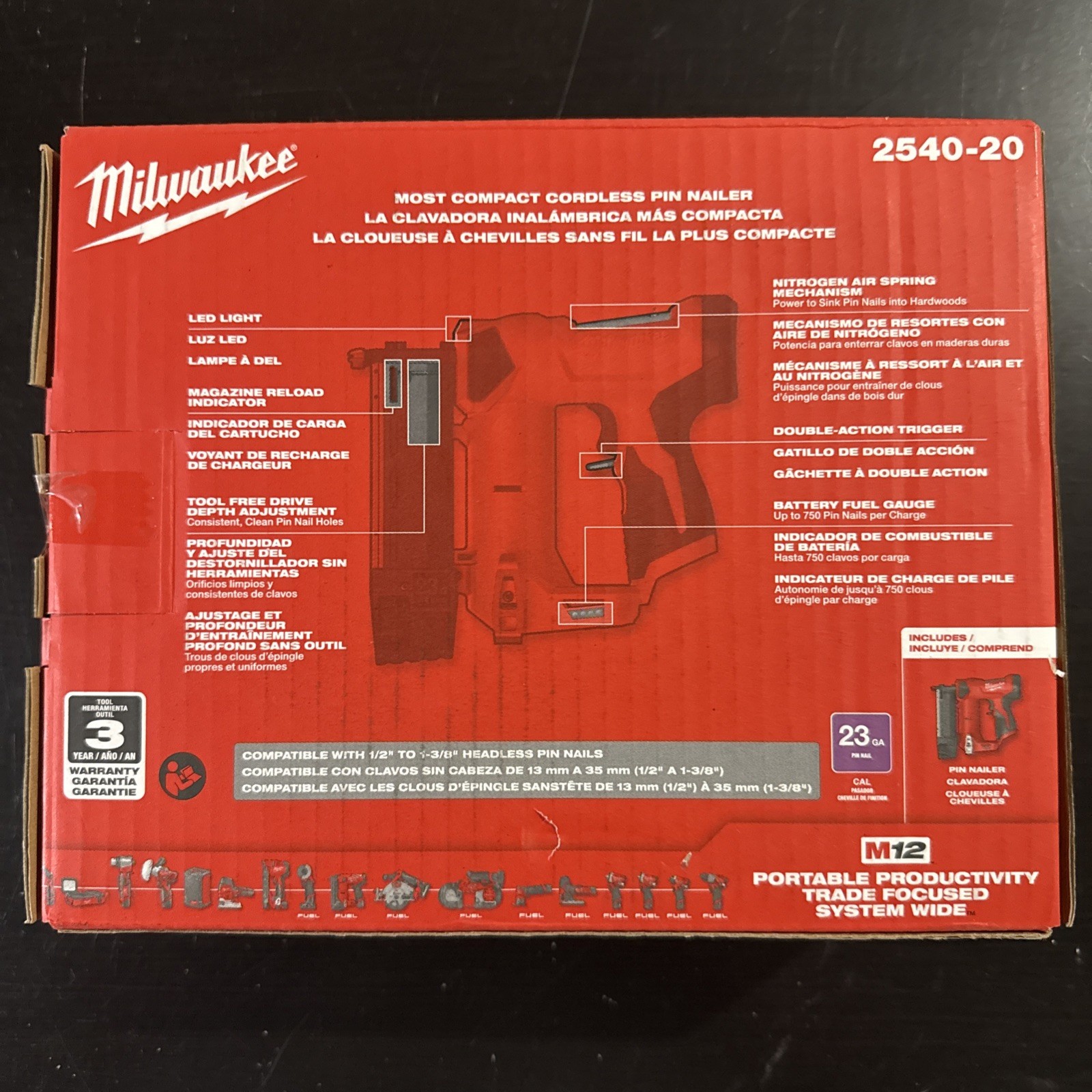 Milwaukee 2540-20 M12 12V 23 Gauge Compact Cordless Pin Nailer - Tool Only New