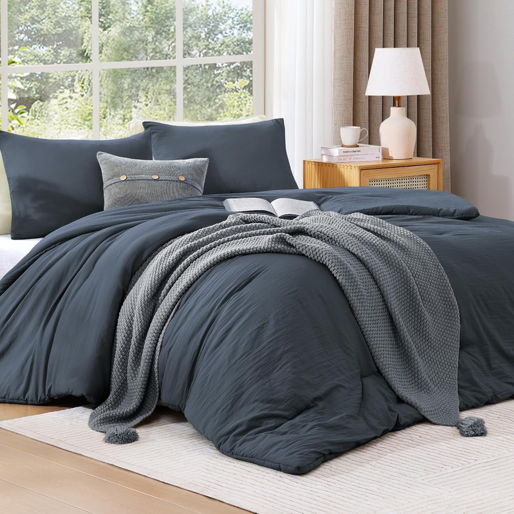 Queen Comforter Set - 3 Pieces Prewashed Blue Grey Comforter Soft Lightweight fo