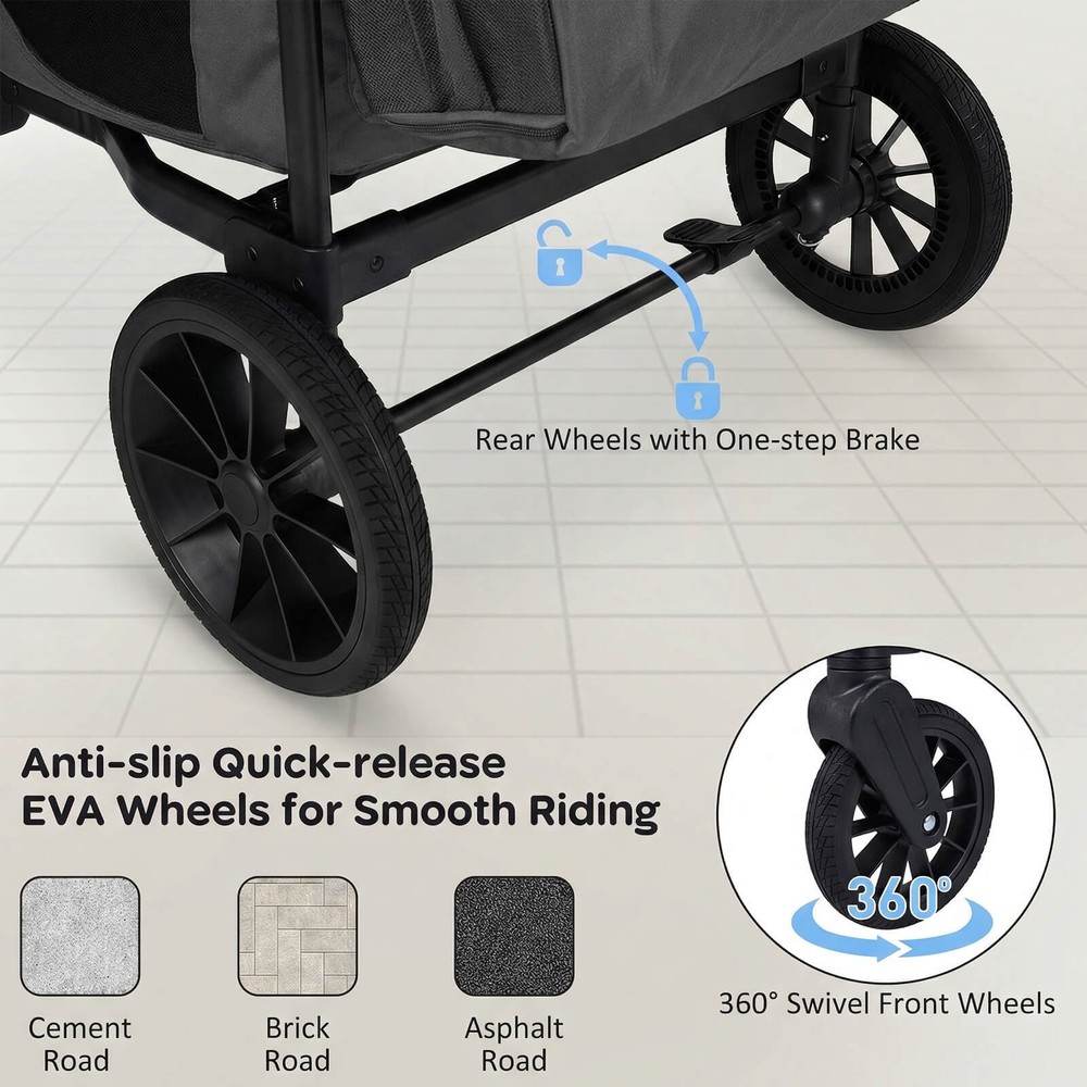 Wagon Stroller, Foldable 4-Seater Push-Pull Toddler Stroller w/Removable Canopy