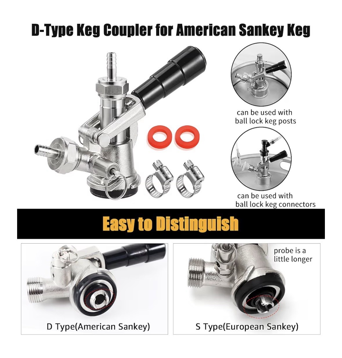 Keg Coupler for Sankey D System Beer Keg Tap Dispenser-304 Stainless Steel Probe