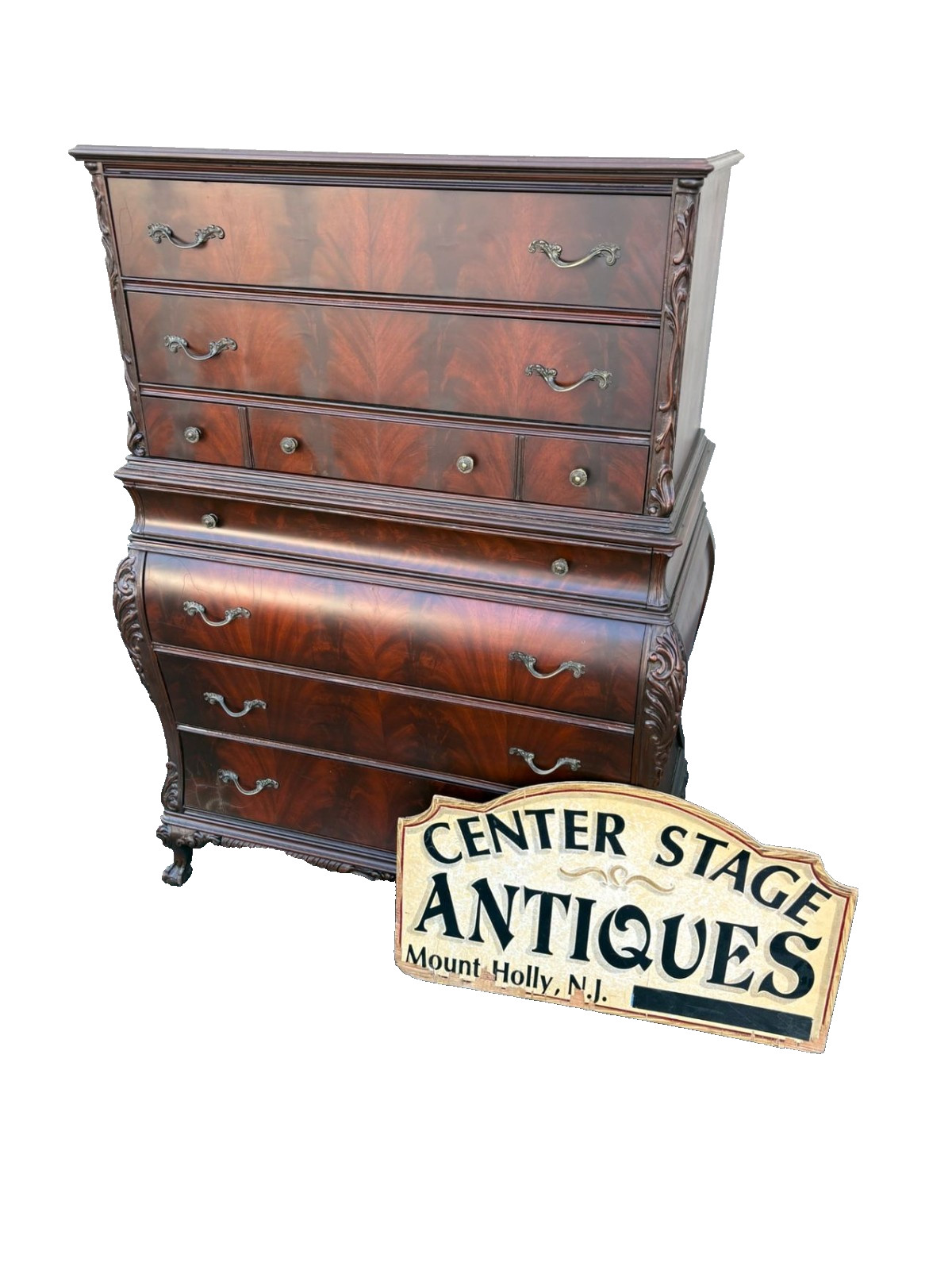 67492  Flame Mahogany Carved High Chest with Ornate Detailing
