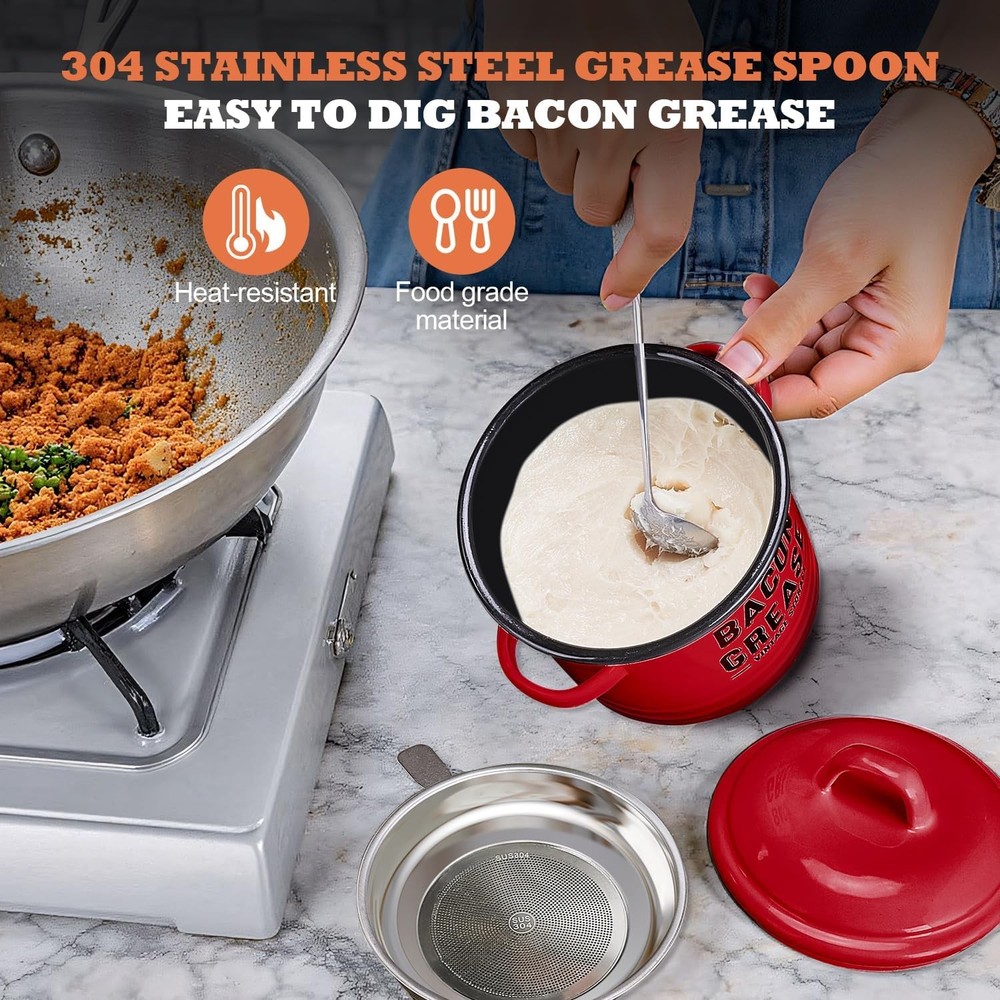 Bacon Grease Container with Strainer - Large Red Kitchen Oil Storage Can - Red