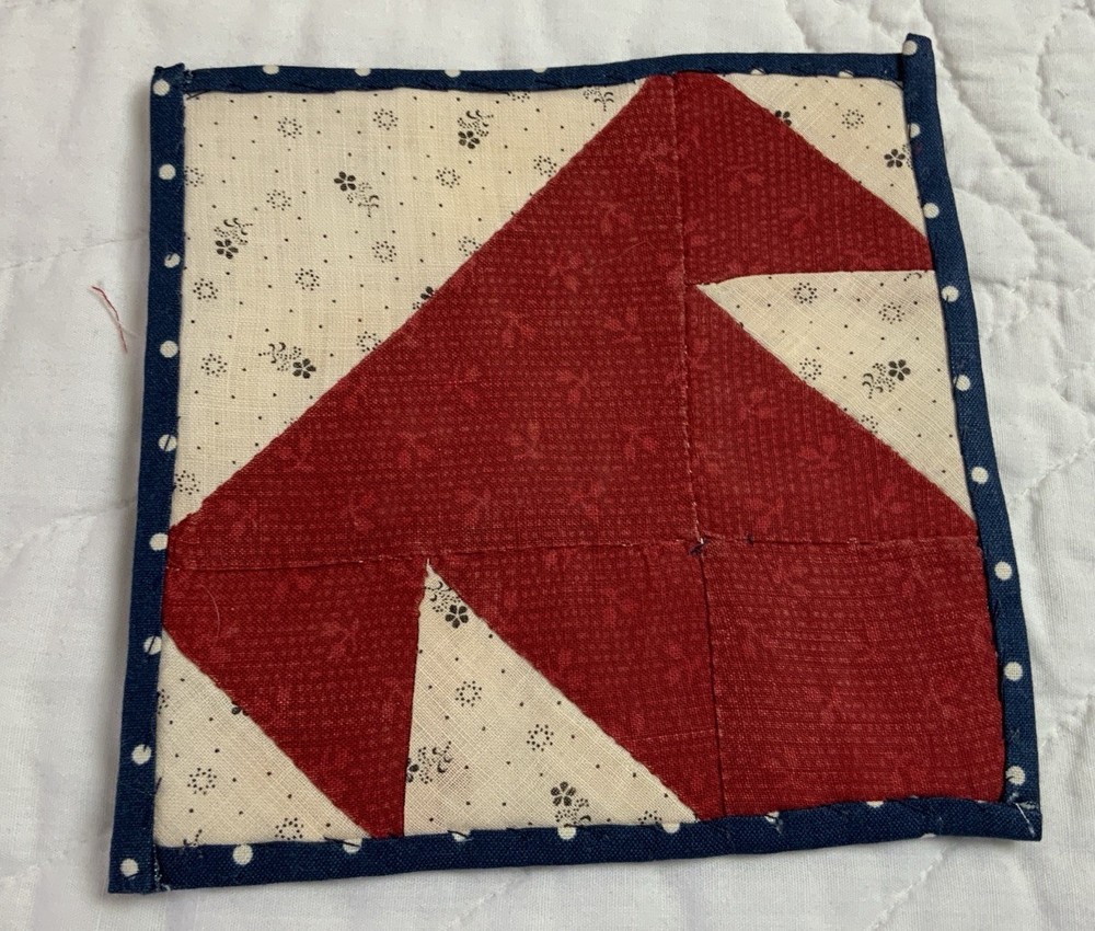 Antique Patchwork Quilt Table Topper, Early Calicos, Triangles, T’s, Red