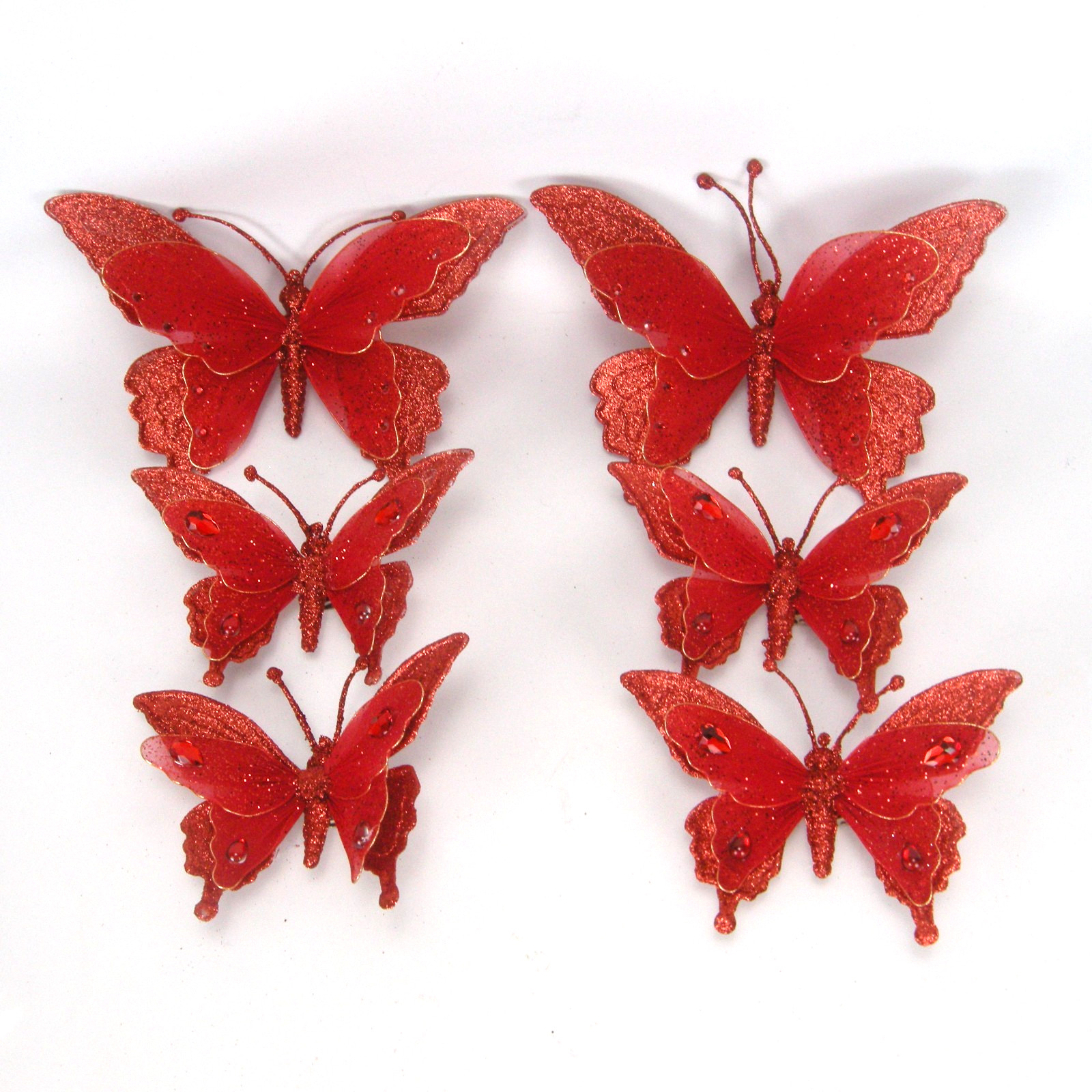 Glittered Red Butterfly Clip On Craft Decorations Floral 2 Large 4 Medium Set