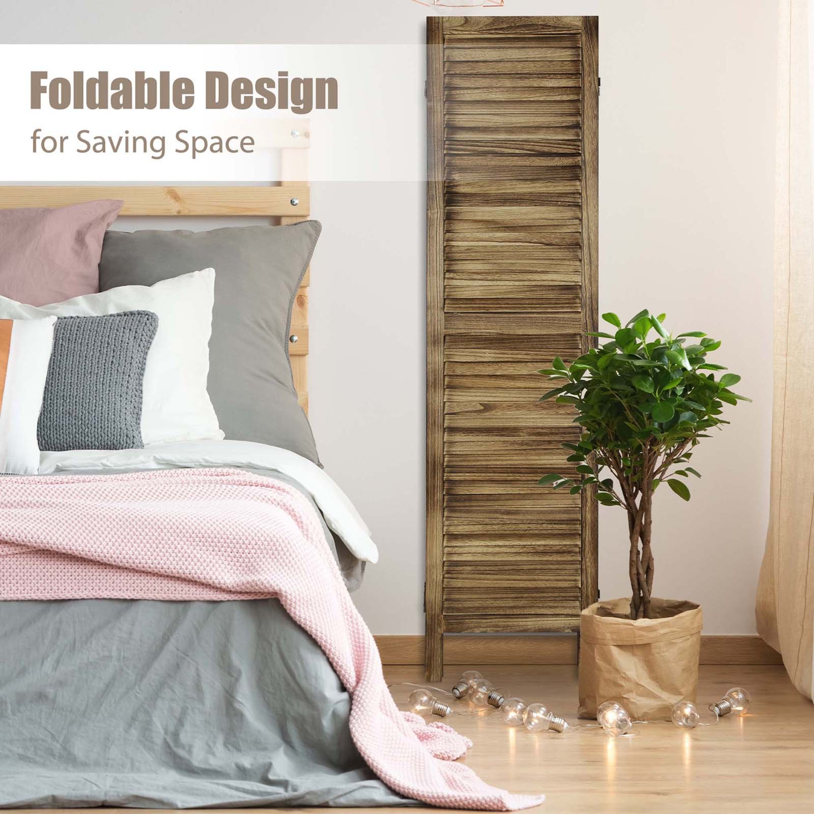 6 Panel Wood Room Divider Folding Privacy Screen Louvered Partition Wall Brown