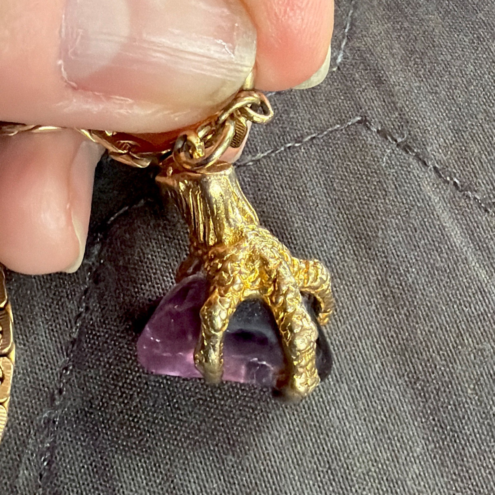 Vintage 9ct Solid Gold Amethyst Dragon Claw Fob Pendant SP Gold Filled 14” Chain