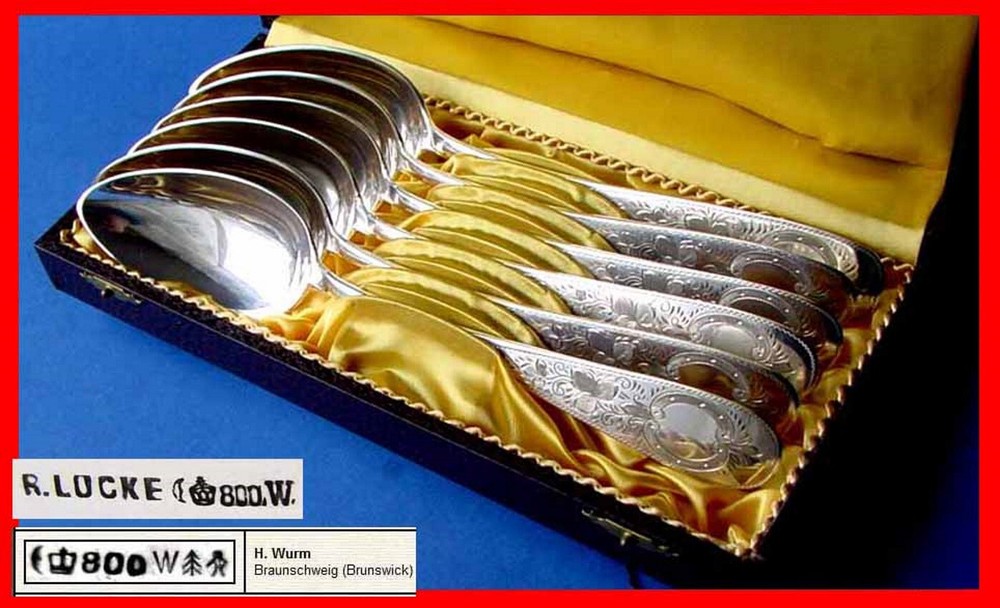 Set, Large Solid 6 Spoons, H. Wurm, 800 Silver, around 1900 B547