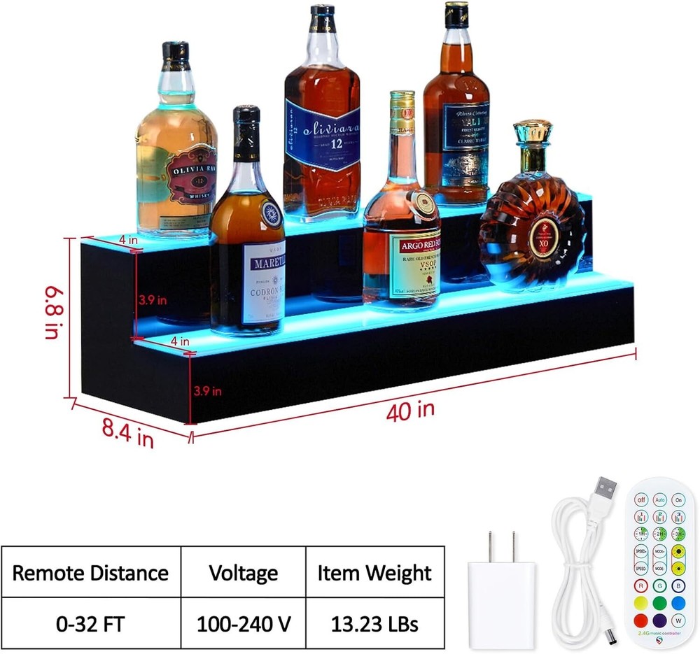2 Layers Acrylic LED Lighted Bar Shelf Display Wine Racks 40'' With App Control