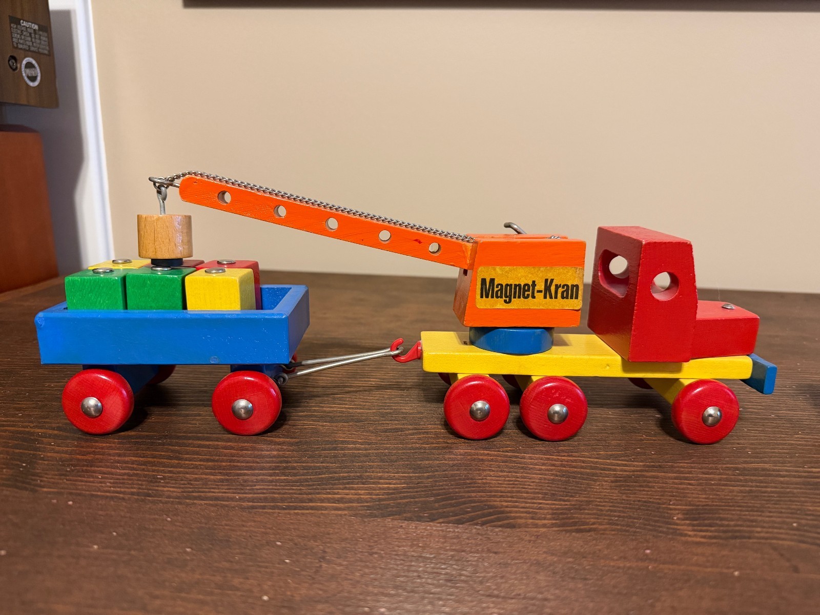 Western Germany Vintage Heros Wooden Toy Car Transporter and Crane Truck Trailer