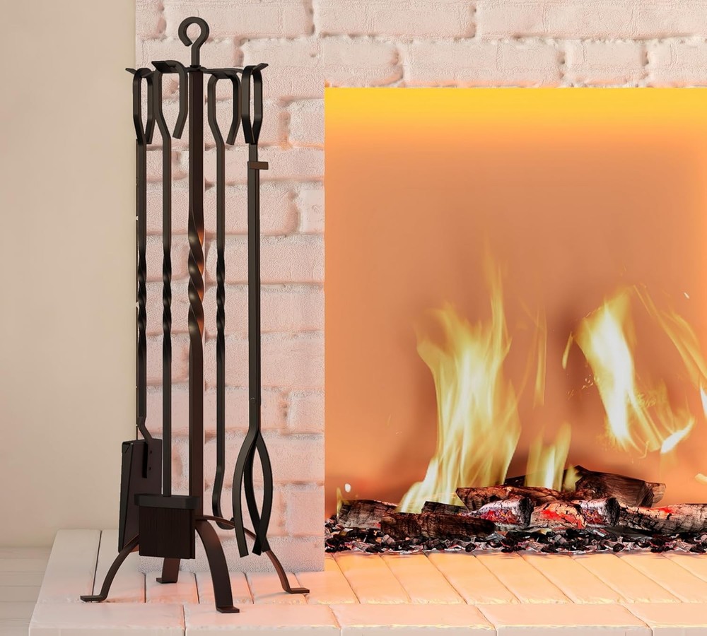 5 Pieces Fireplace Tools Sets Fireplace Accessories Tools Holder W/ Handles