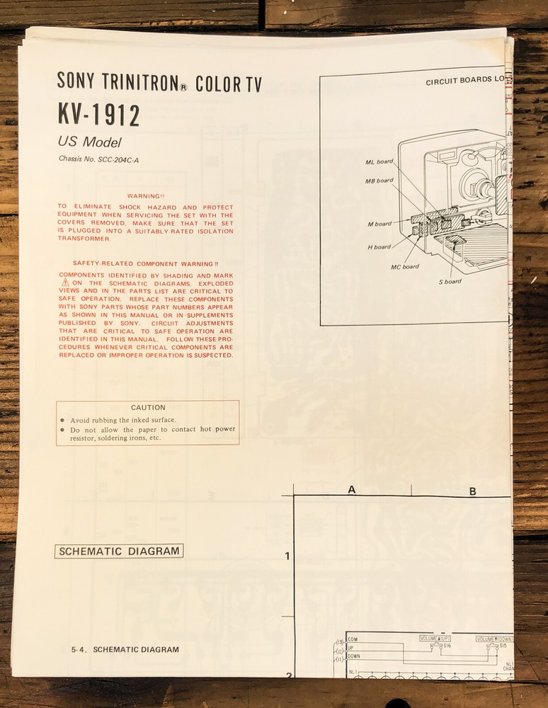 Sony KV-1912 TV  Fold Out Schematic *Original*