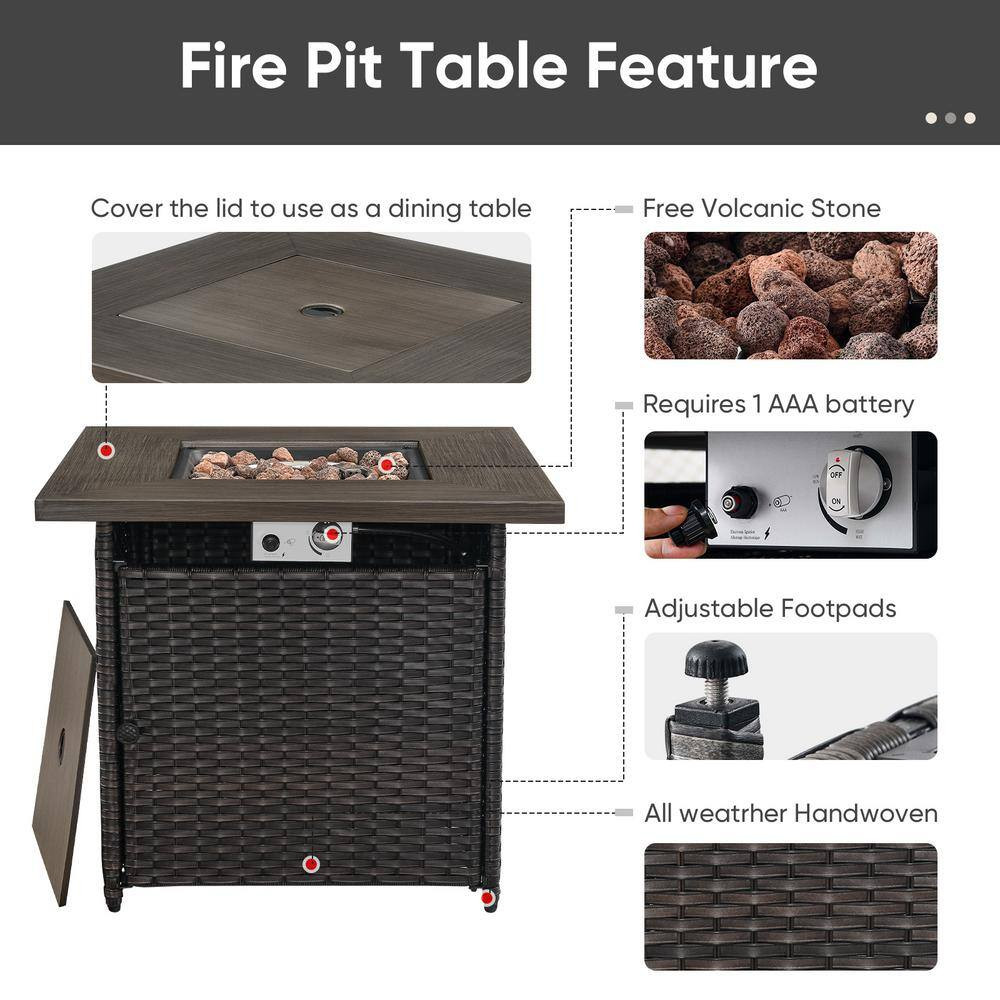 30 In. 50000 BTU Rectangular Brown Rattan Propane Outdoor Fire Pit Table with La