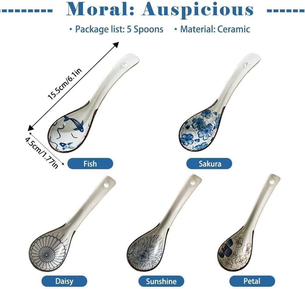 5pcs Asian Soup Spoon, Ceramic Chinese Spoons, Deep Oval Hook White