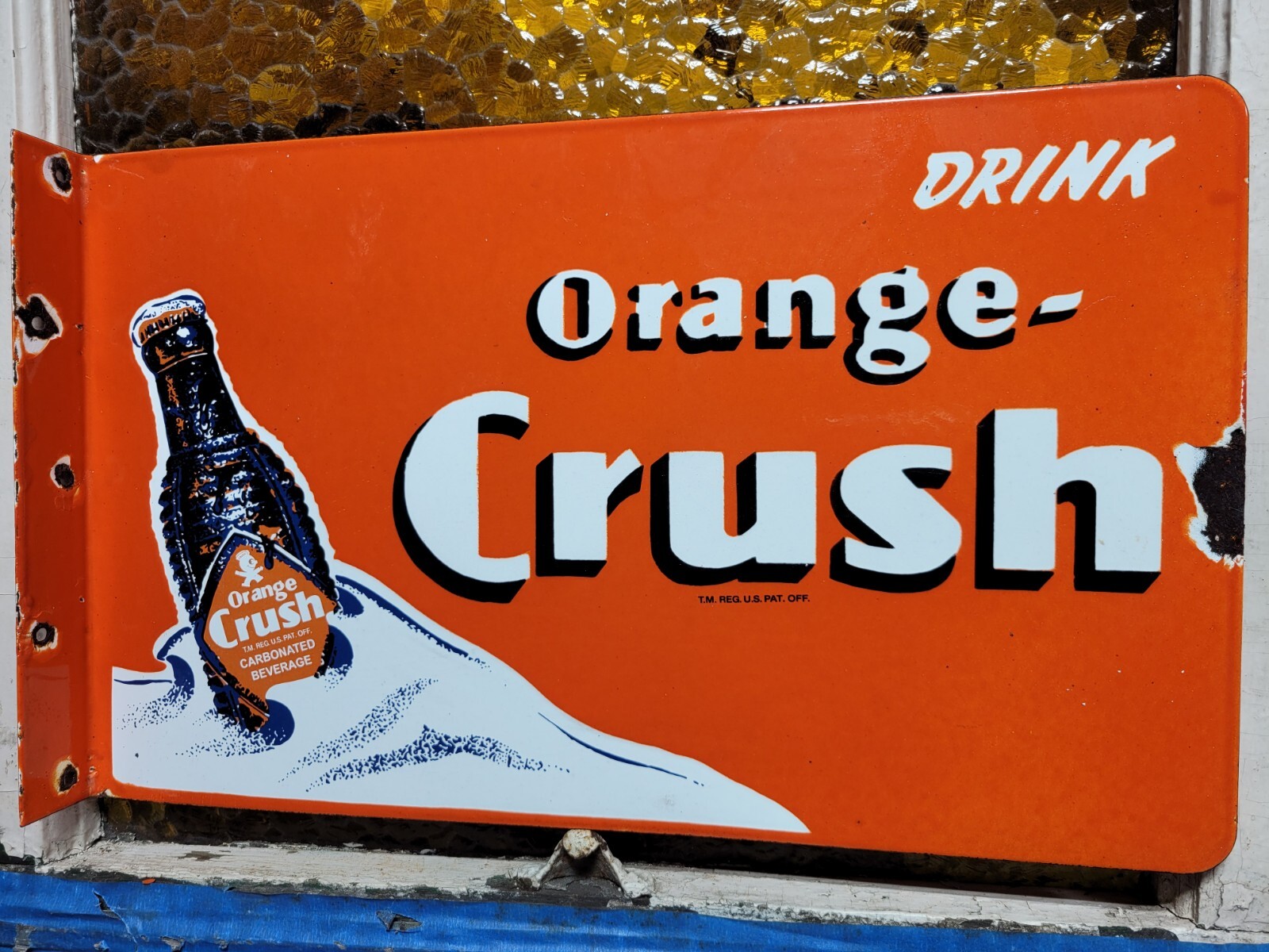 VINTAGE ORANGE CRUSH PORCELAIN SIGN OLD SODA FLANGE COLA BEVERAGE DRINK FOOD 20"