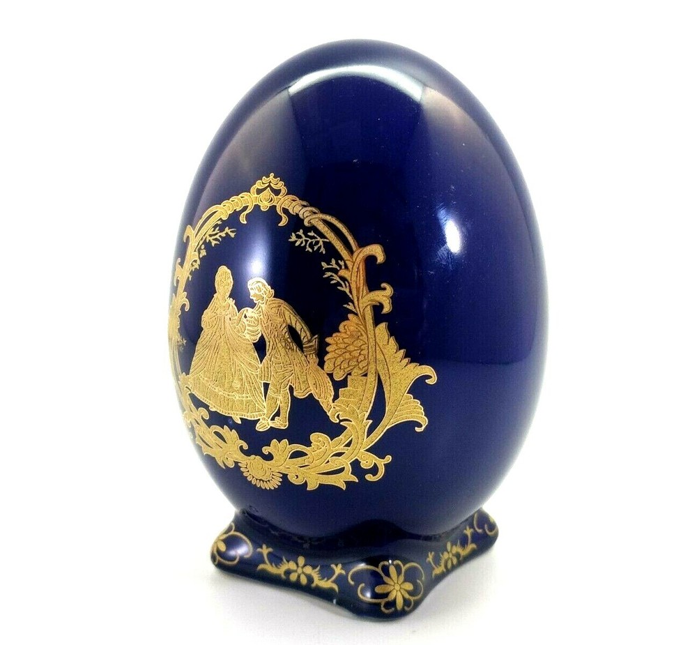 Vintage Footed Ceramic Egg Gold Painted Victorian Scene