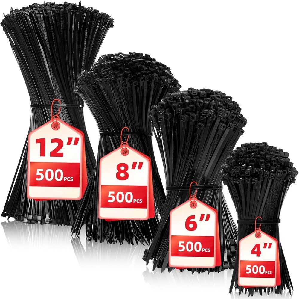 Zip Ties Assorted Sizes4”+6”+8”+12”, 2000 Pack,Black Cable Ties,Multi-Purpose...