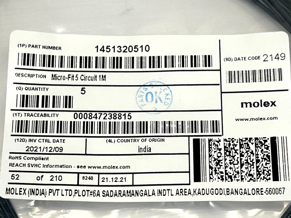 Molex 1451320510 5 Position Cable Rectangular Socket - Socket 3.28' 5QTY