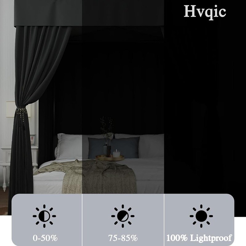 Lightproof Bed Curtains Soft Microfiber Easy Install Cozy Bedroom Decor Black