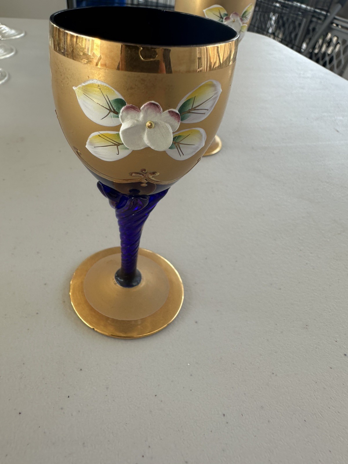 Antique Bohemian Moser Cobalt Blue Enamel Flowers Decanter & 6 Glasses Set