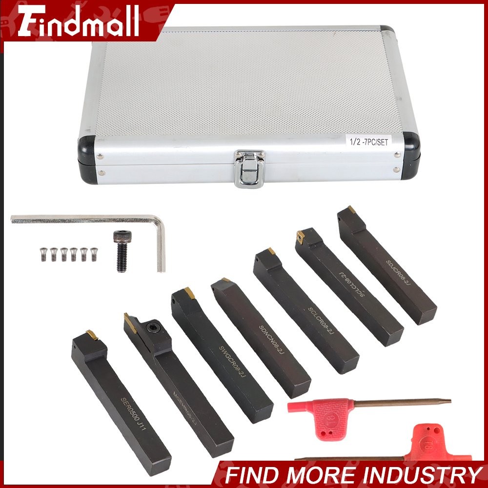7Pcs 1/2" Lathe Tool Bit Thread Insert+Holder Set Carbide Indexable Turning Tool