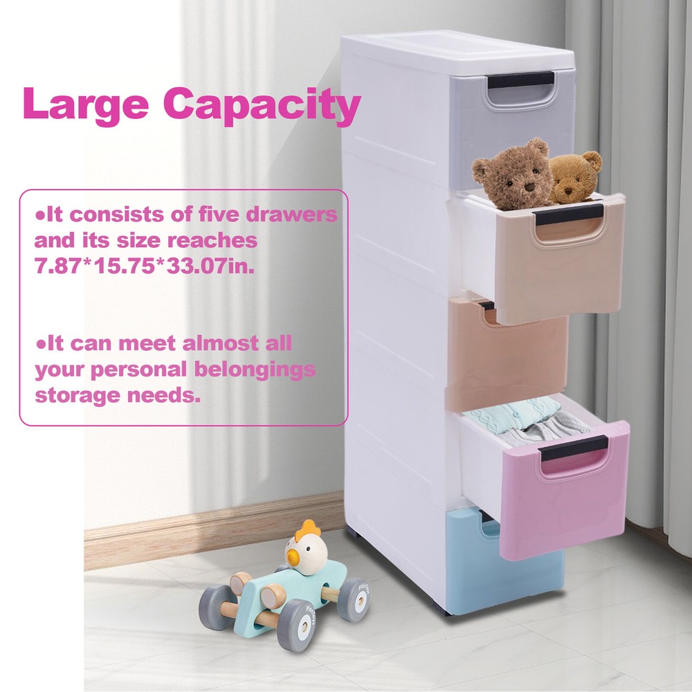 Plastic Storage Cabinet w/5 Drawers, Stackable Vertical Clothes Storage Box PP