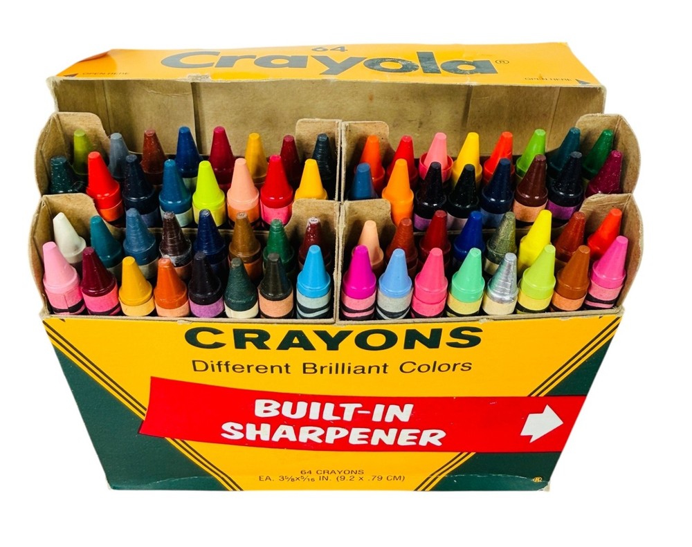 CRAYOLA CRAYONS BOX 64 COMPLETE UNUSED 1980s BUILT IN SHARPENER Binney & Smith