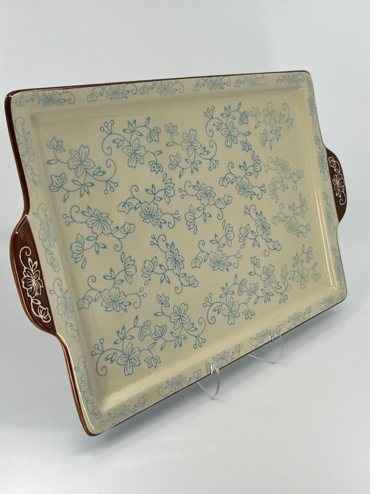 Temptations by Tara Blue Floral Lace Rectangular Serving Tray Platter 15.5"L