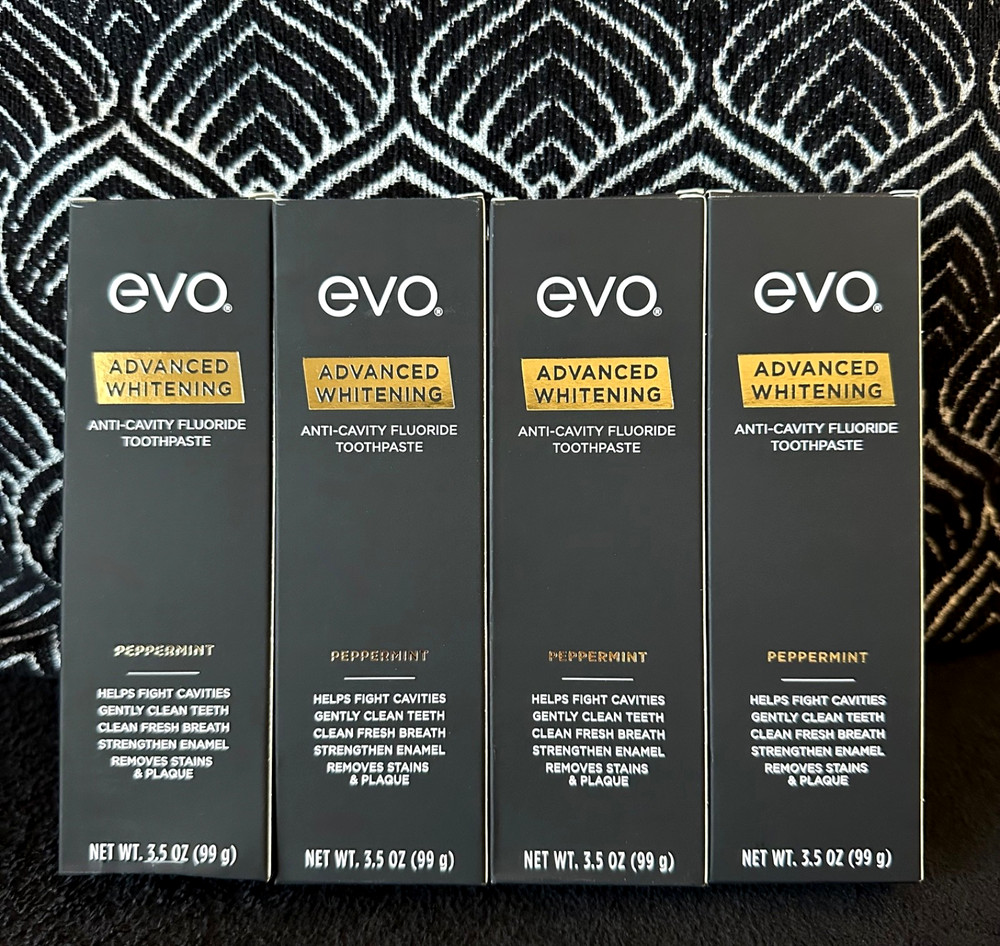 🌺4pk EVO ADVANCED WHITENING PEPPERMINT REMOVES STAINS FRESH BREATH TOOTHPASTE🪥