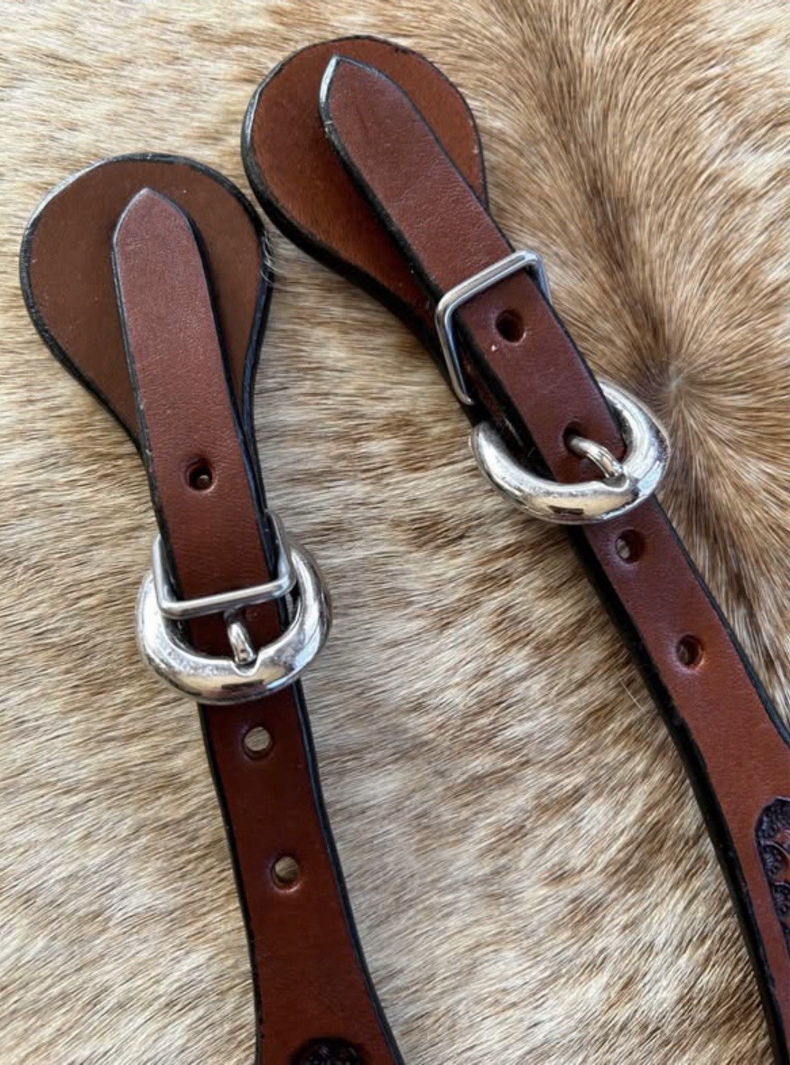 Adult Size Basketweave Tooled Top Grain Leather Western PAIR Spur Straps