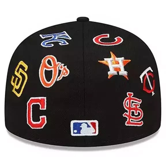 NEW MLB Teams Patch Logos All-Over Black/White 59FlFTY Fitted Cap-5950 Hat
