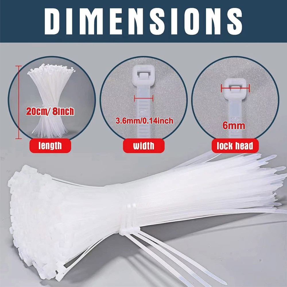 White Zip Ties 8 Inch 2000 Pack Bulk, 40 lb Cable Ties, Nylon Self Locking Wi...