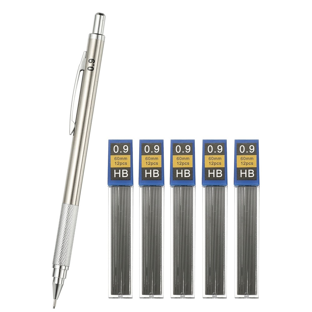Mechanical Pencil 0.9mm Broad Point with 5Pcs Refills, Silver
