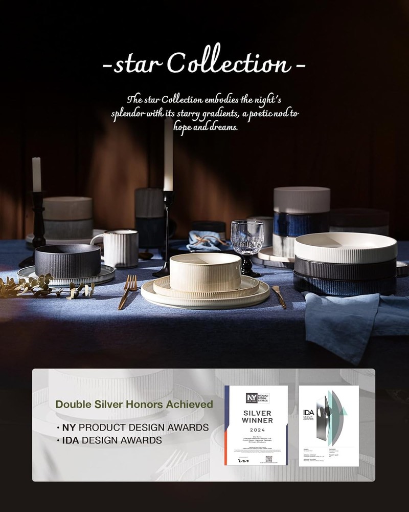 famiware Star Plates and Bowls Sets, Modern Stoneware Dinnerware Sets for 6, 18-