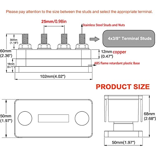 600 Amp Busbar,4*M10 Studs (3/8") Module Design Block 600A 4x 3/8"- Black& Red