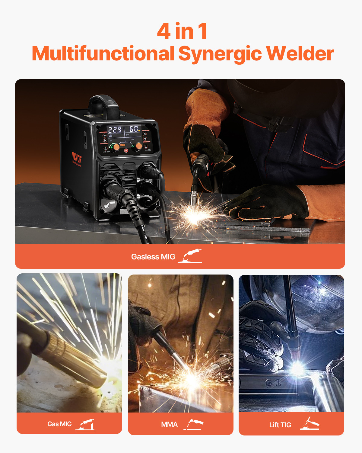 MIG Welder 200Amps Welding Machine 4-in-1 Gas MIG/Flux Core MIG/Stick/Lift TIG